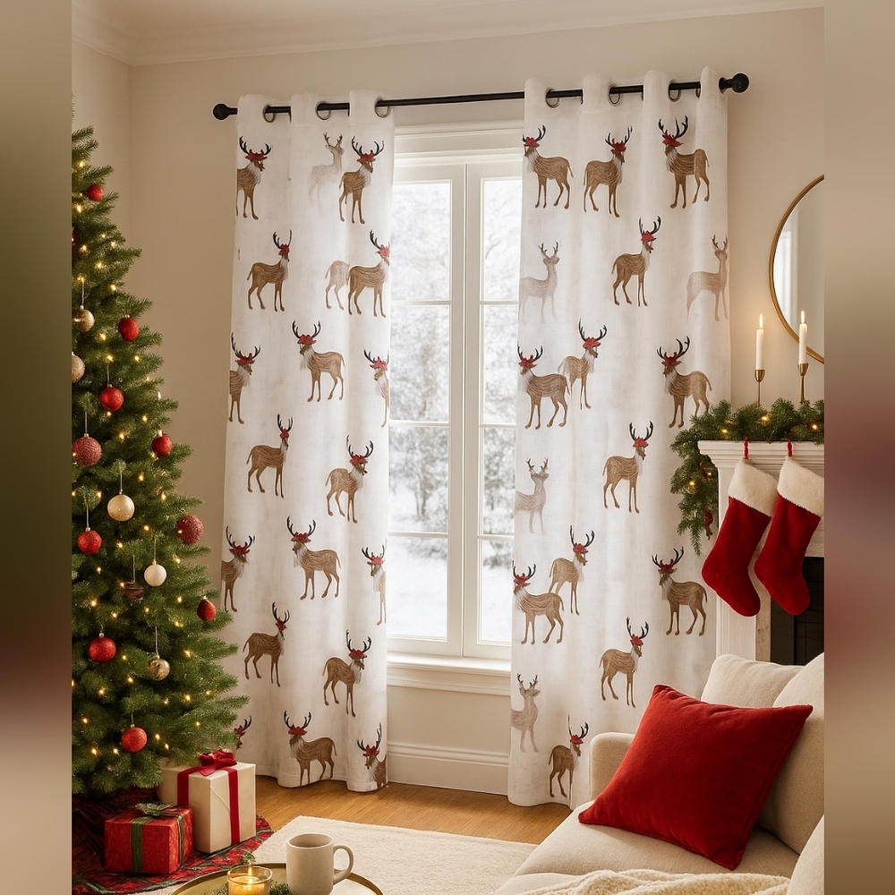 Set of 2 Holiday Reindeer Embroidered Sheer Curtains with Grommets | Christmas